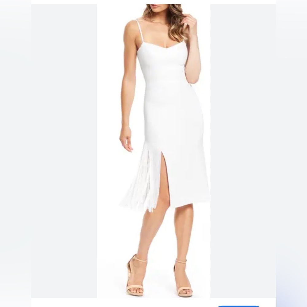 Dress The Population Rory Midi Dress Sz Small White Spaghetti Straps Fringe